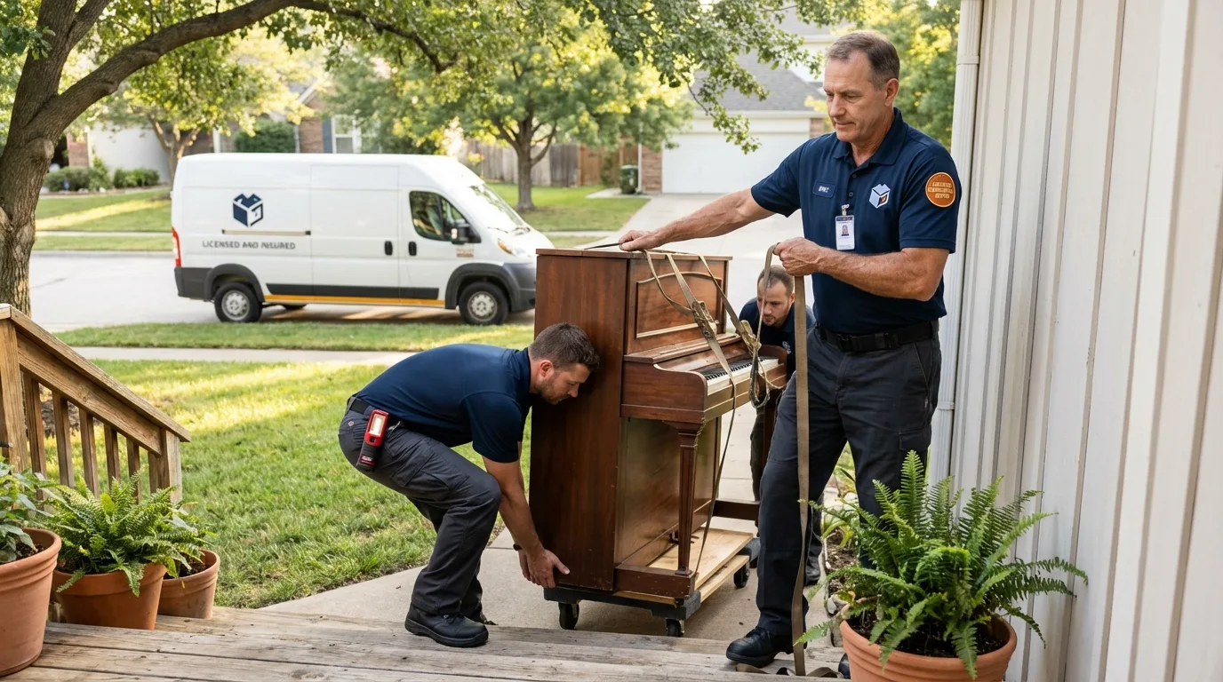 Licensed piano movers securing grand piano in Lynbrook, NY